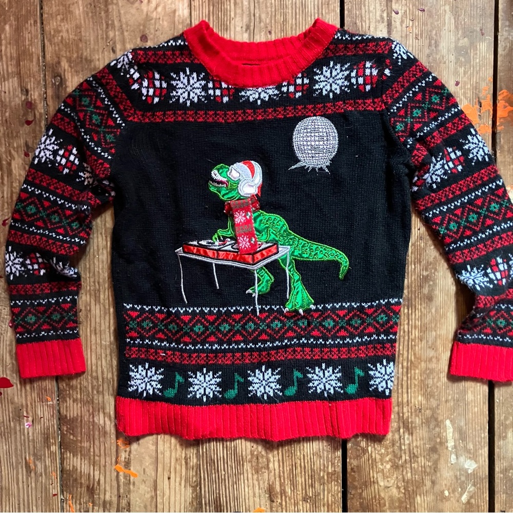 Holiday Time Dinosaur Christmas Sweater - Black, Red, and Green